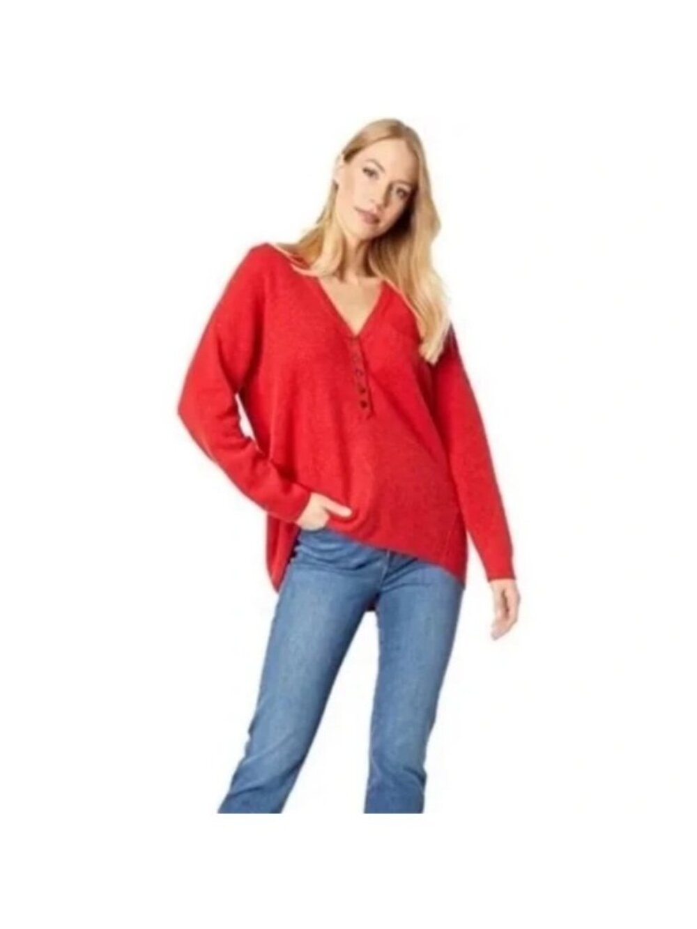 Madewell Wool Alpaca Blend Red Orange 3/4 Button Sweater Womens XS Waffle Casual